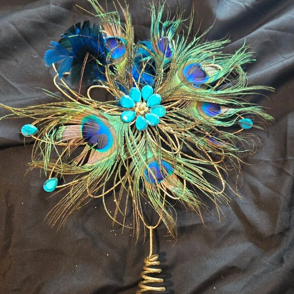 Art Deco Style PEACOCK Feathers Tree Topper w/ Gold & Glitter - Picture 4 of 5